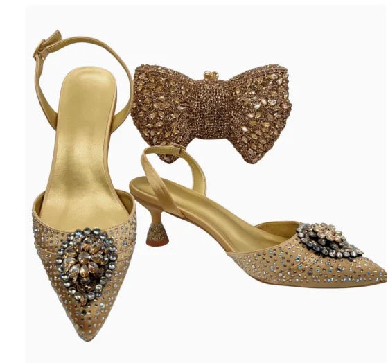 INSIGHTLINK Wine Color Rhinestone high heel shoes And Bag Fashion Style Pointed-Toe Shoes For Women Luxury Wedding Party Sandals