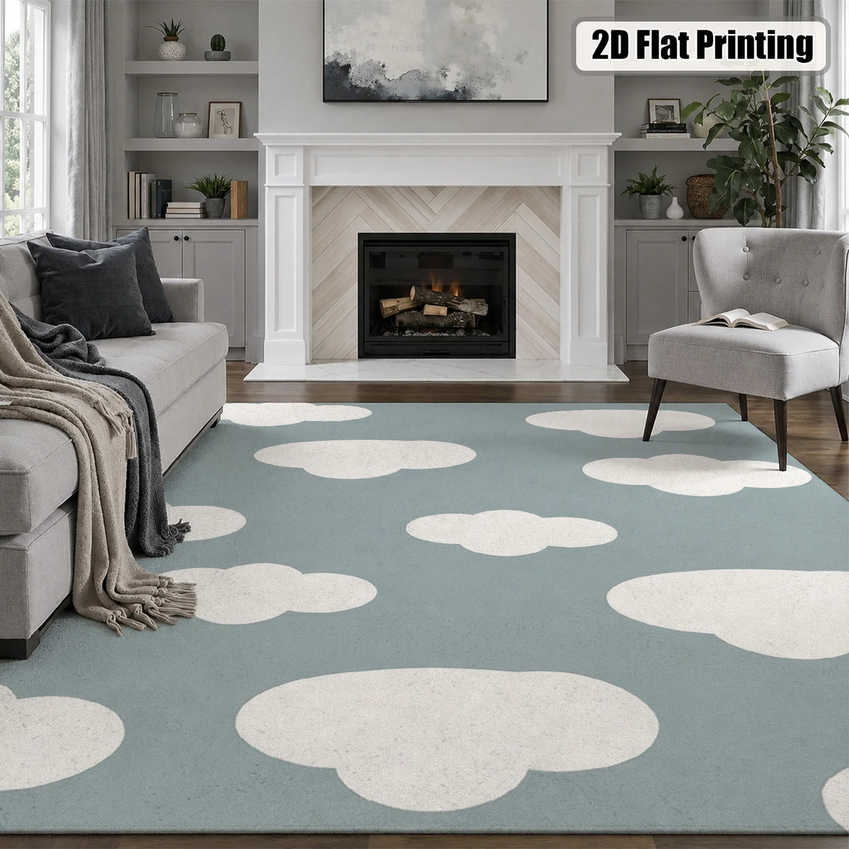 Large Indoor Area Rug, Soft Velvet Low Pile with Non-slip Dotted Backing, Machine Washable, Light Blue with White Cloud Pattern for Living Room, Bedroom, Nursery