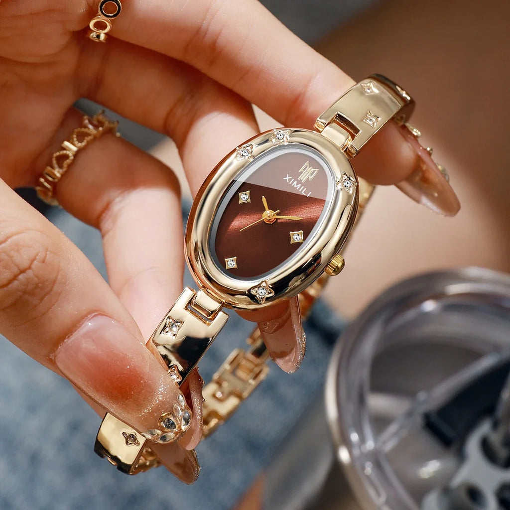 XIMILI Ladies Wristwatch Gold Bangle Band Oval Dial Star Rhinestone Quartz Women Dress Watch