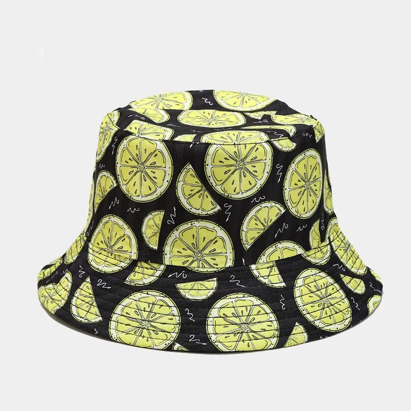 New Creative Fruit Pattern Fisherman's Hat Unisexdouble Sided Bucket Cap Uv Protection Panama Sun Caps for Girls Beach Hats