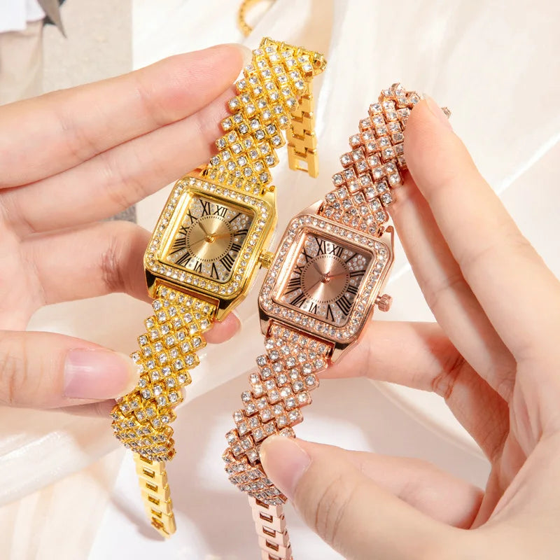 YIKAZE NEW Watch for Women Luxury Gold Square Diamond Women Watches Steel Band Business Ladies Quartz Wristwatch Gift Clock