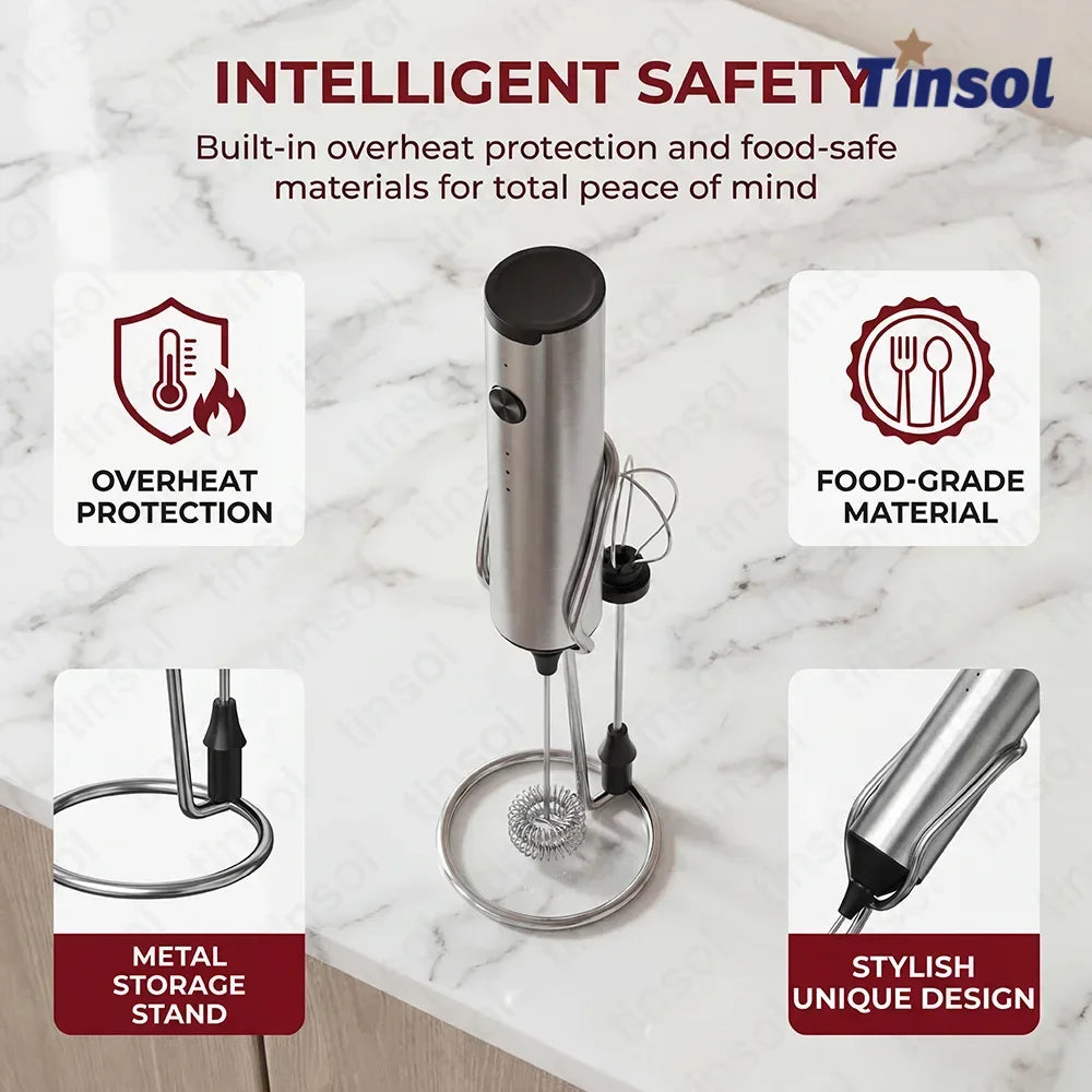 TINSOL Stainless steel electric milk frother, wireless milk frother, equipped with two types of whisks, Type-C rechargeable