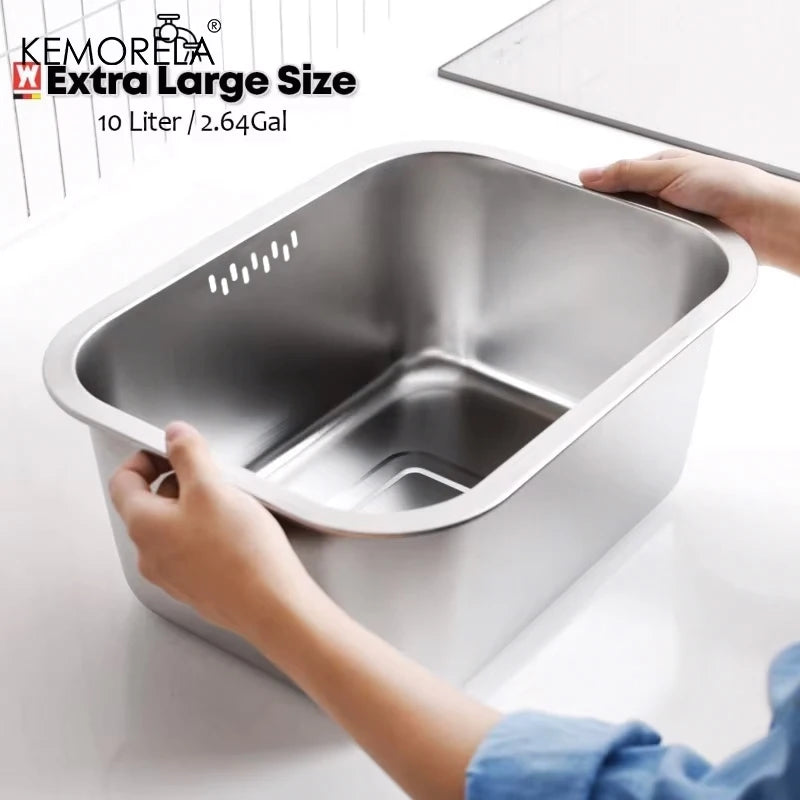 Portable Washing-up Bowl 10L Large Stainless Steel Dishpan, Multipurpose Kitchen Sink Bowl Dish Tub Vegetable Washing Basin
