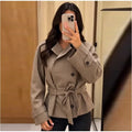 Vintage Plaid Belted Jackets Women Slim Full Sleeves Double-breasted Lapel Cropped Coats 2026 New Ladies Autumn Fashion Outwear