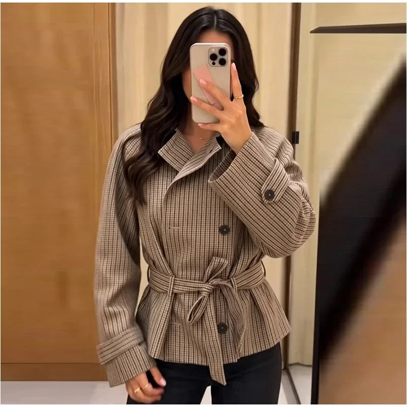 Vintage Plaid Belted Jackets Women Slim Full Sleeves Double-breasted Lapel Cropped Coats 2026 New Ladies Autumn Fashion Outwear