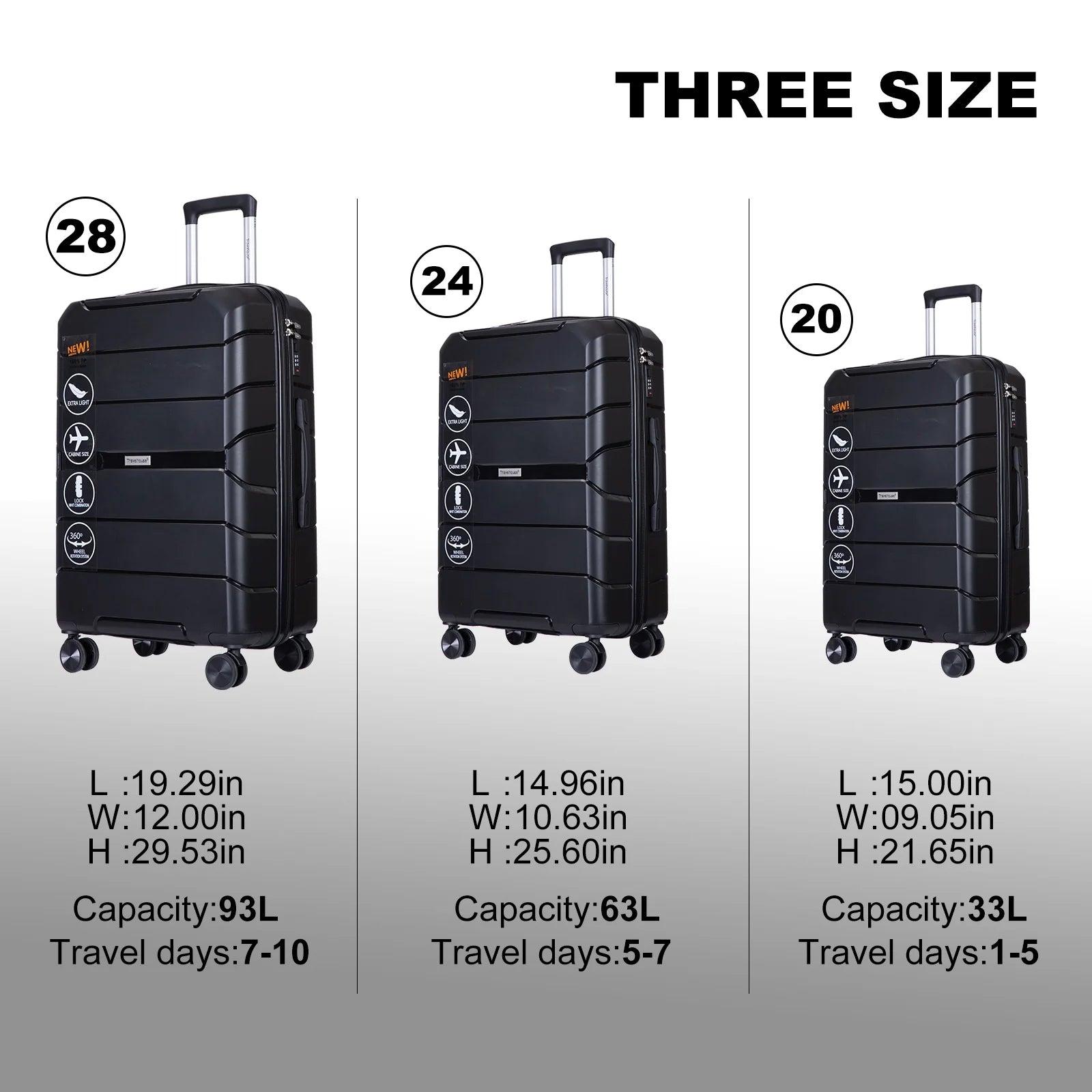 Travelhouse Hardshell Suitcase Spinner Wheels PP Luggage Sets Lightweight Suitcase With TSA Lock, 3-Piece Set (20/24/28)