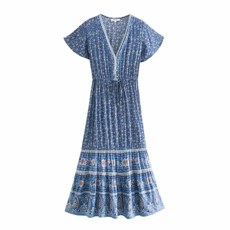Happie Queens Women Floral Print  Beach Bohemian Rayon Maxi Dresses Ladies Deep V Neck Button Boho Pleated Dress Vestidos