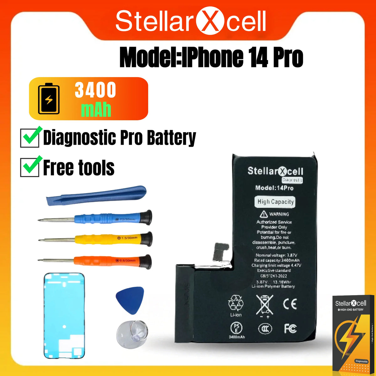 StellarXcell Diagnostic Battery Show Genuine Part No Pop Up Message for iPhone 12mini 13Pro 14Plus 15Promax Battery Replacement