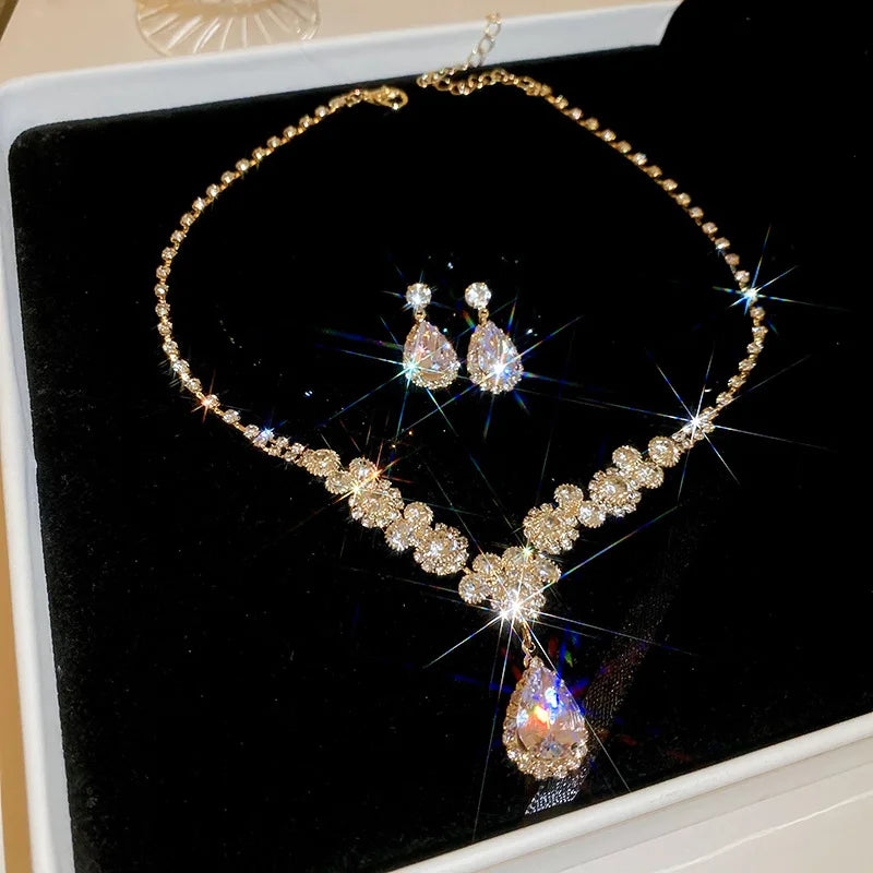 Sparkling Rhinestone Necklace Drop Earrings For Women Geometric Water Droplet Pendant Necklaces Wedding Bride Jewelry Sets