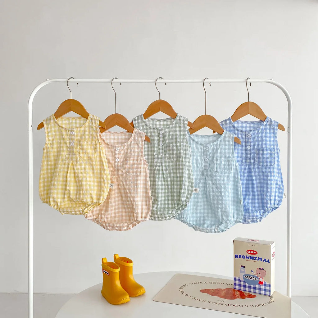 2024 Summer New in Kids Baby Girls Boys Cute Clothing Infant Toddler Plaid Sleeveless Cotton Jumpsuits Newborn Bodysuits 0-24M