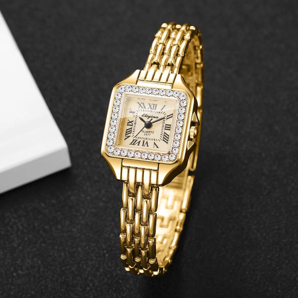 Elegant Rhinestone Square Women Watches Fashion Roma Dial Quartz Wristwatch Reloj Mujer Ladies Clock (Without Box)