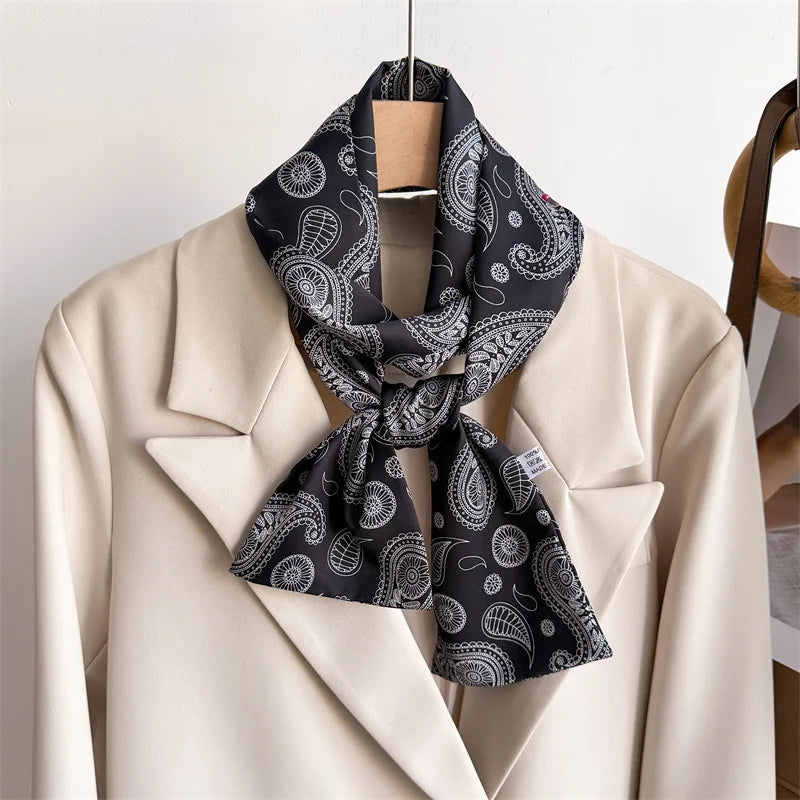 Floral Print 12*145cm Long Ribbon Silk Scarf Women Neck Scarves Headband Female Skinny Neckerchief Hair Band Neck Tie Bag Ribbon