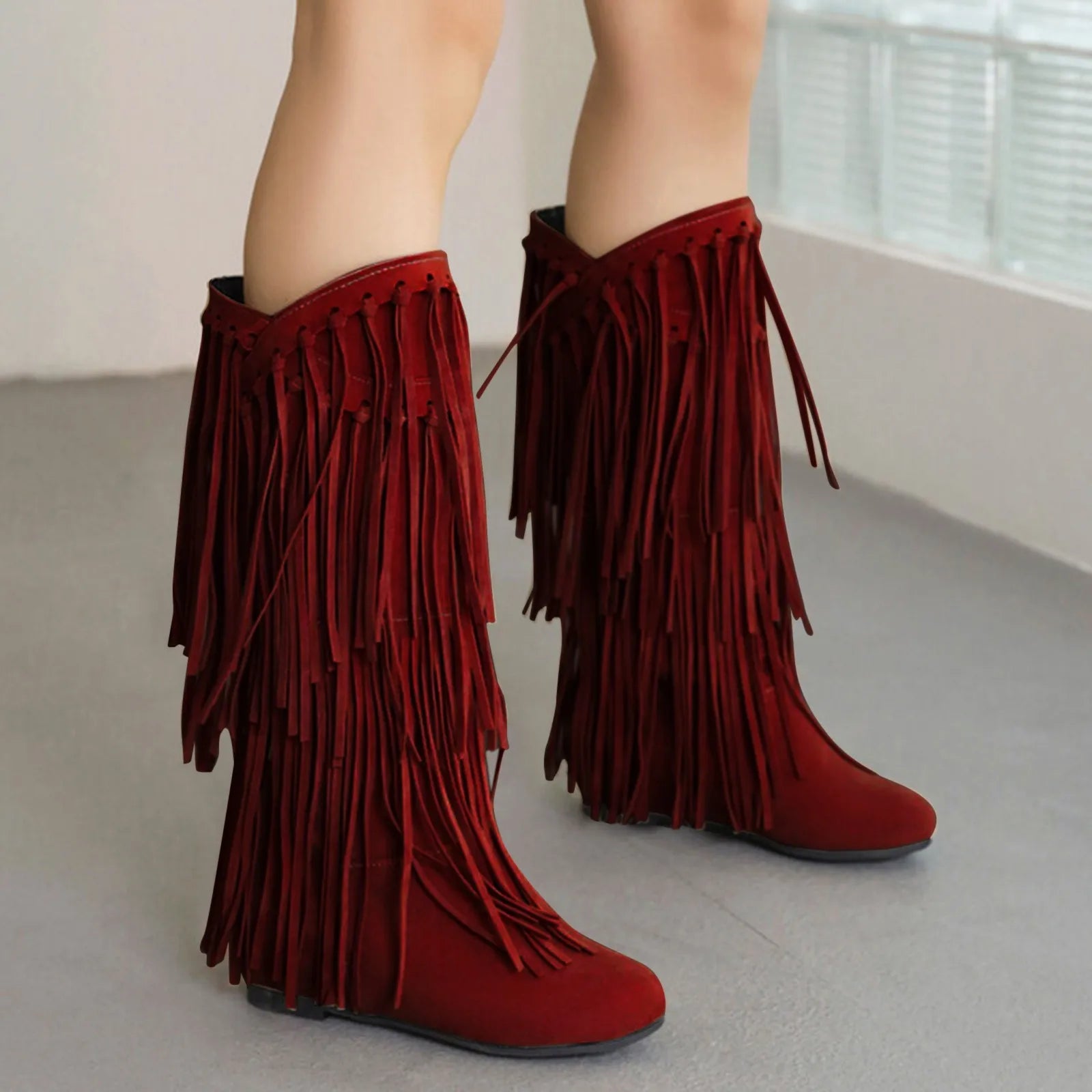 Boots Women Mid Calf With Heel Women'S Winter Chunky Heel Fringe Boots Inside Booster Mid Faux Leather Western Boots