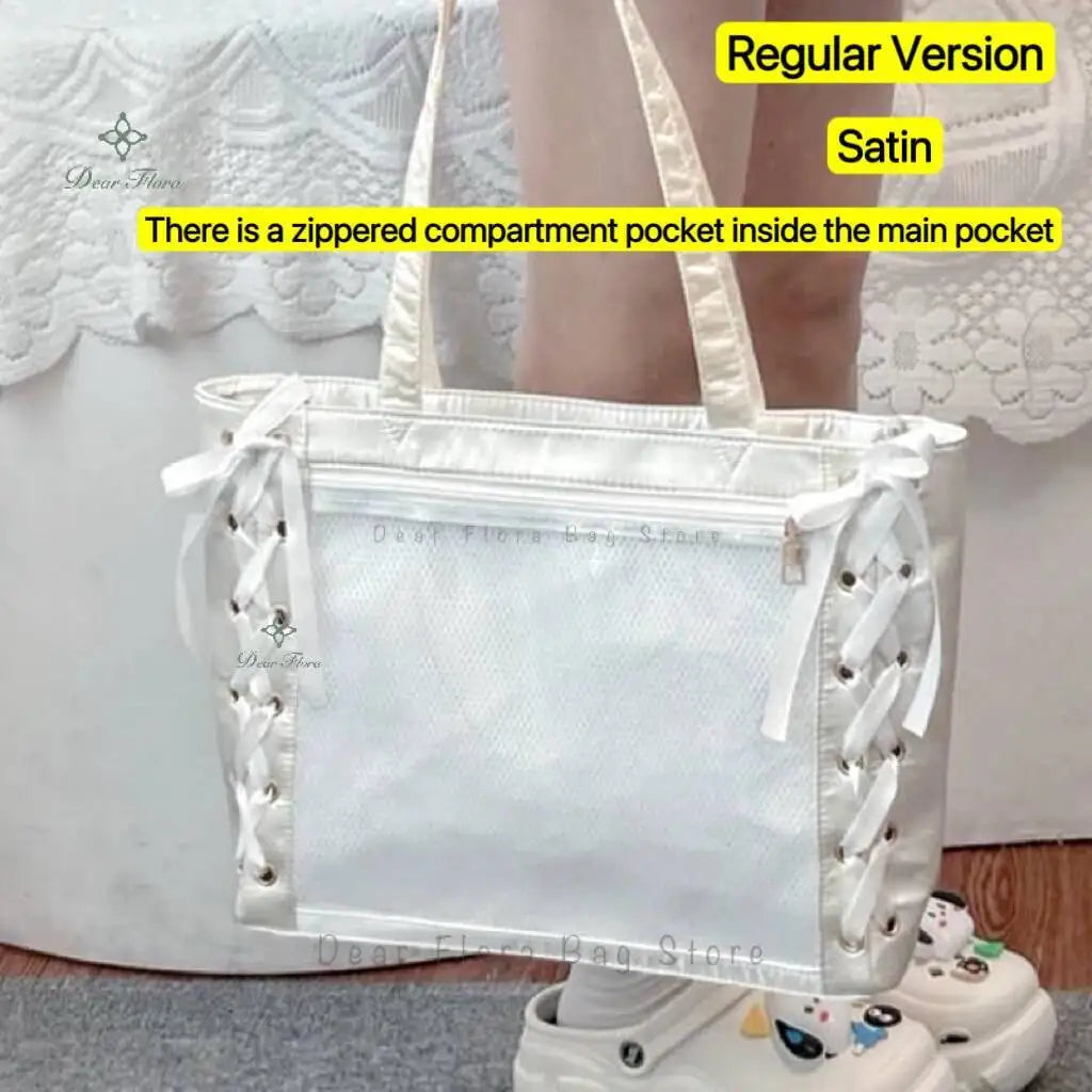 Japanese Sweet Women Ribbon Ita Bag Fashion Large Capacity Tote Bag Aesthetic Shoulder Bag Cute Lolita Girl Transparent Handbags
