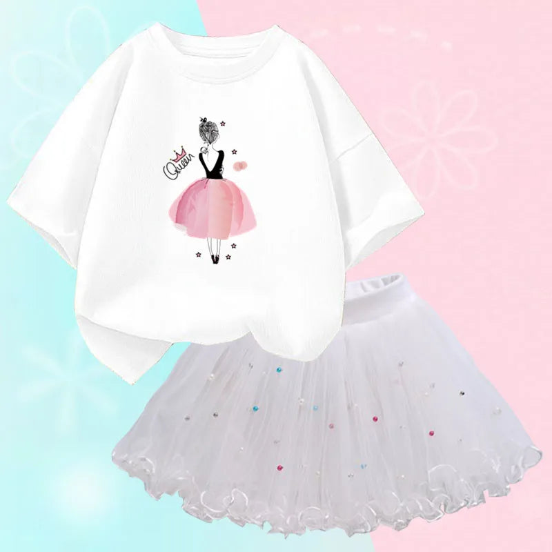 Fashion Summer Girls Outfits Pretty Ballet Dance Girl T-shirt and Tutu Skirt Set for Princess Clothes Suit Children Clothing