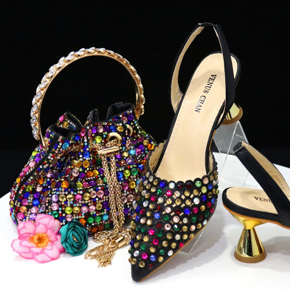 Venus Chan 2023 New INS High-Heeled Pointed Toe Wedding Shoes Colorful Full Diamond Design Shoe and Bag Set for Nigeria Party