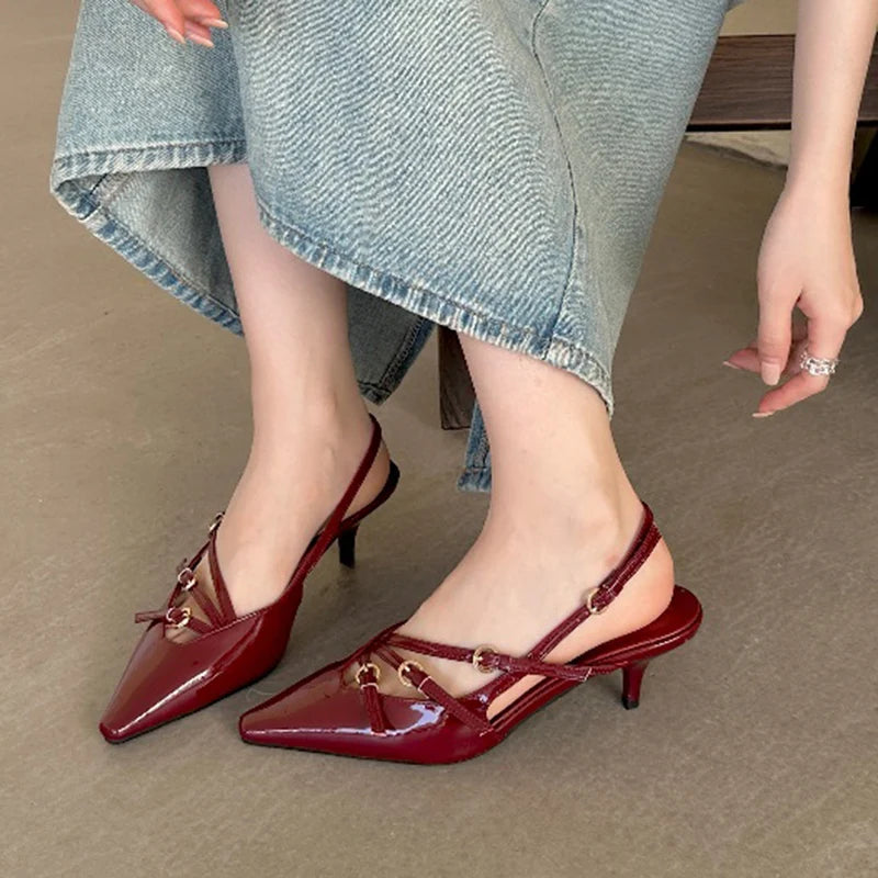 Aneikeh 2026 Designer Buckle Strap Narrow Band Pumps Women Sexy Pointed Toe Thin Heels Wedding Banquet Dress Mule Ladies Shoes