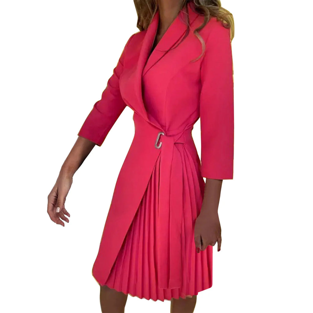 Autumn Fashion Women Patchwork Pleated Blazer Dress Elegant 3/4 Sleeve Lapel Lace-Up Dress Elegant Office Lady Slim Party Dress