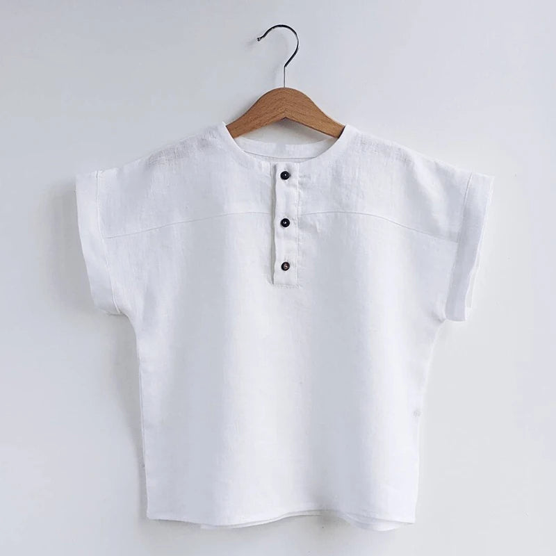 Boys Cotton And Linen Striped Casual T-Shirt 2026 Summer New Children's Round Neck Buttons Short-Sleeved Linen Tops TZ417