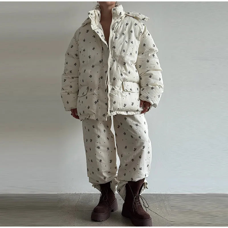 Chic Striped Hooded Puffer Coat Set Women Quilted Full Sleeve Zip Jacket Wide Leg Pants 2026 New Lady Autumn Winter Warm Outfit