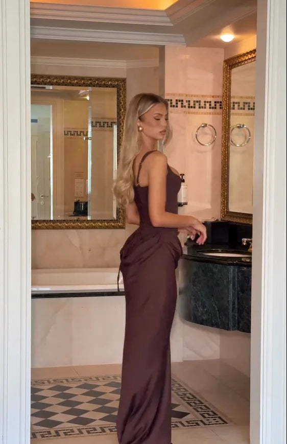 Brown Pleated Sling Maxi Dress Women Chic Square Neck Sleeveless Off-shoulder Waist Cinching Robes 2026 Lady Evening Party Gowns
