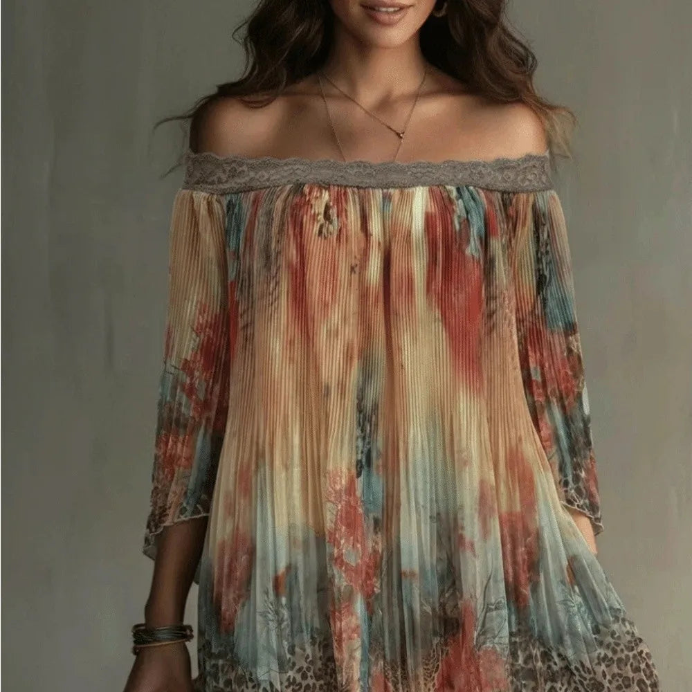 Retro Floral Print Off-Shoulder Dress Loose Lace Trim Summer Skirt Bohemian Leopard A-Line Fold Dress Casual Vacation