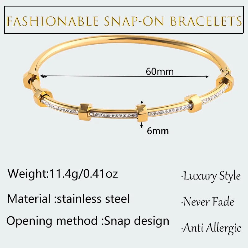 Trendy Round Cubic Zirconia Bangles For Women Men Gold Color Silver Color Stainless Steel Crystal Bangle Party Jewelry
