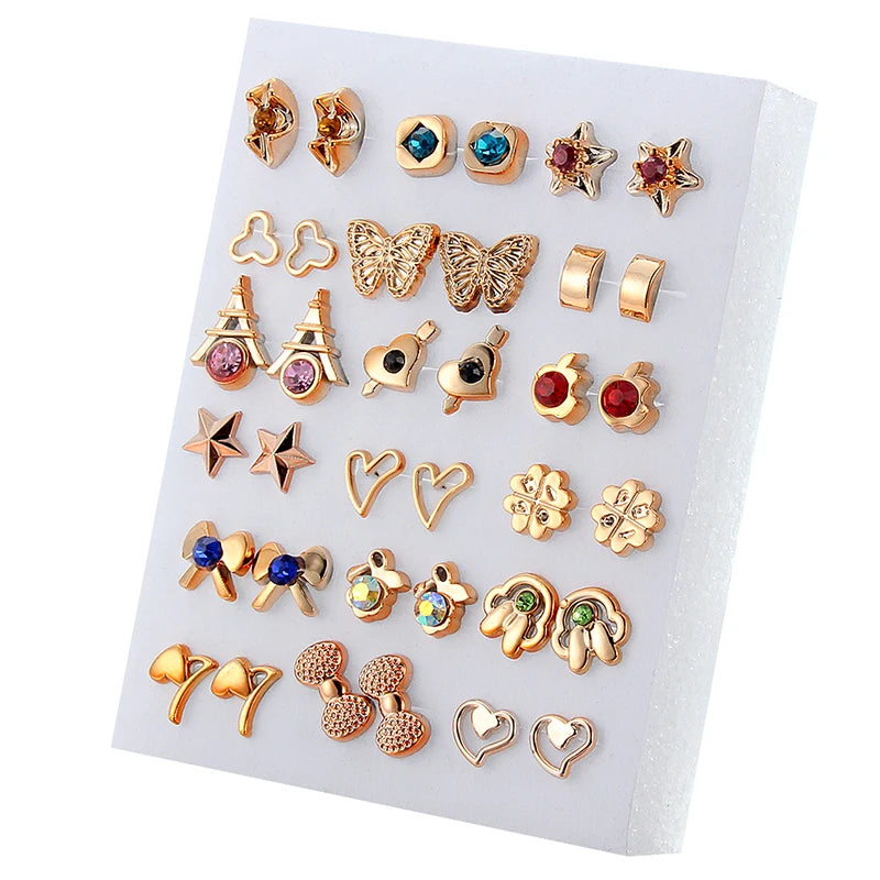 18 Pairs Colorful Rhinestone Hollow Flower Animal Mix Style Plastic Stud Earrings Set For Women Girls