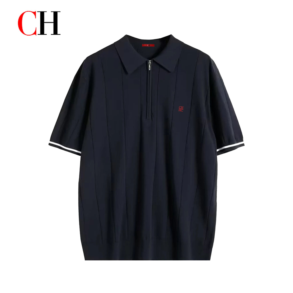 CH Men Vertical Striped Knit Polo Shirt Half Zip Lapel Short Sleeve CH Embroidery Top Breathable Business Casual Summer Male Tee
