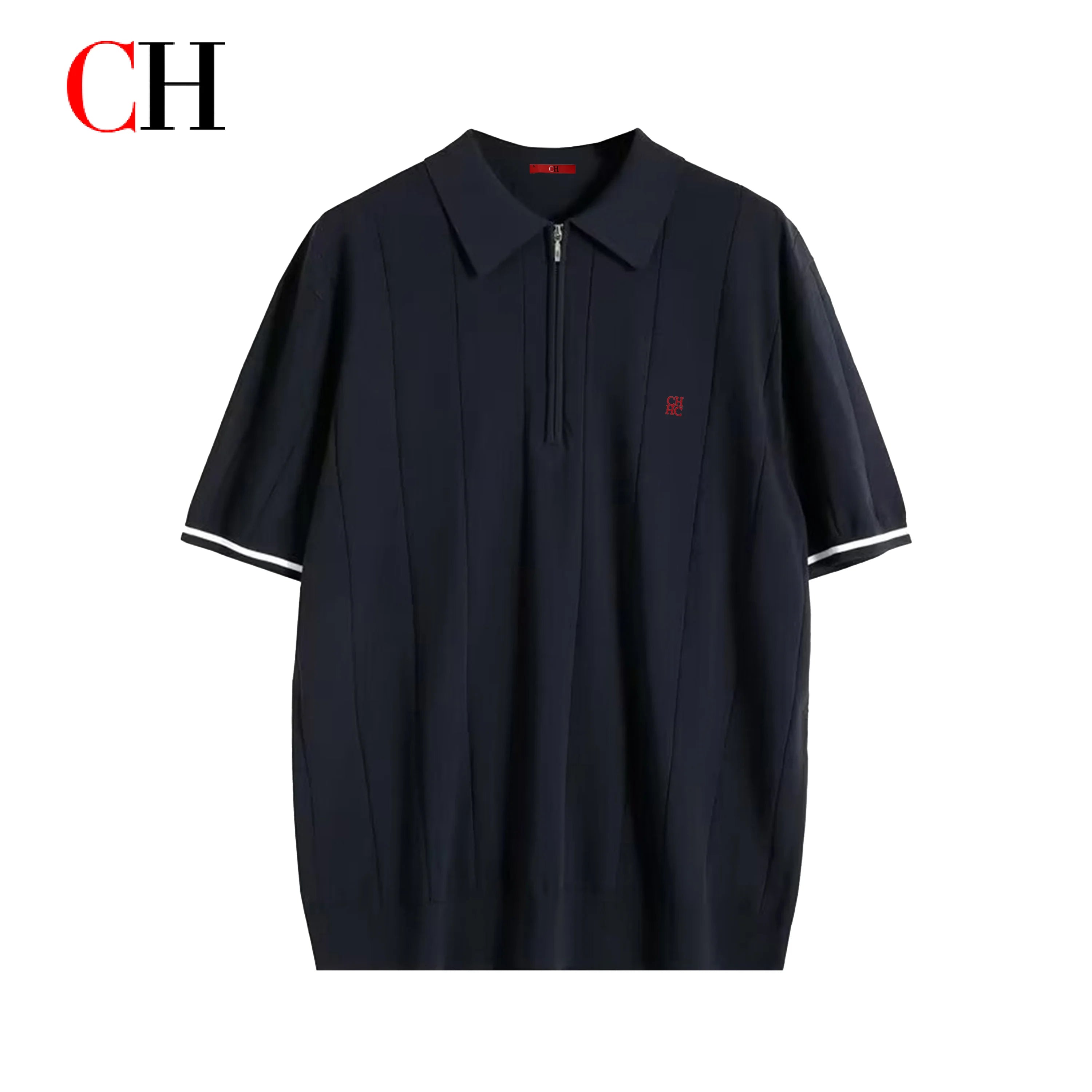 CH Men Vertical Striped Knit Polo Shirt Half Zip Lapel Short Sleeve CH Embroidery Top Breathable Business Casual Summer Male Tee