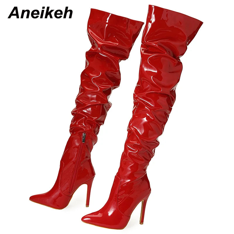 Aneikeh Patent Leather Over The Knee Chelsea Boots Women Shoes Heels Fashion Solid Sexy Thin High Heel Side Zippers Boots Female