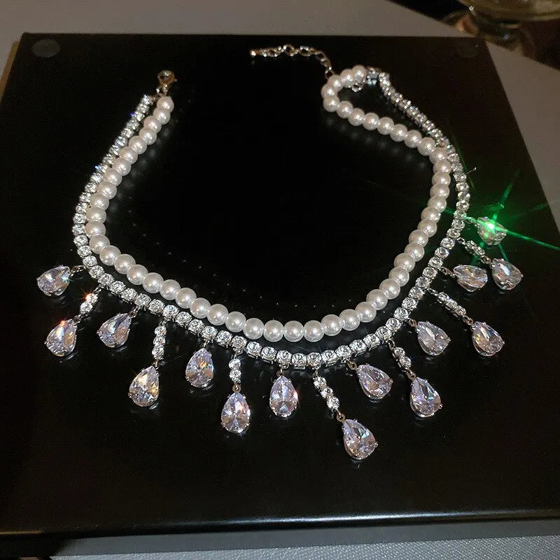 Luxury Rhinestone Crystal Chokers Necklaces For Women Multilayer Imitation Pearl Chain Necklace For Party Wedding Jewelry K-