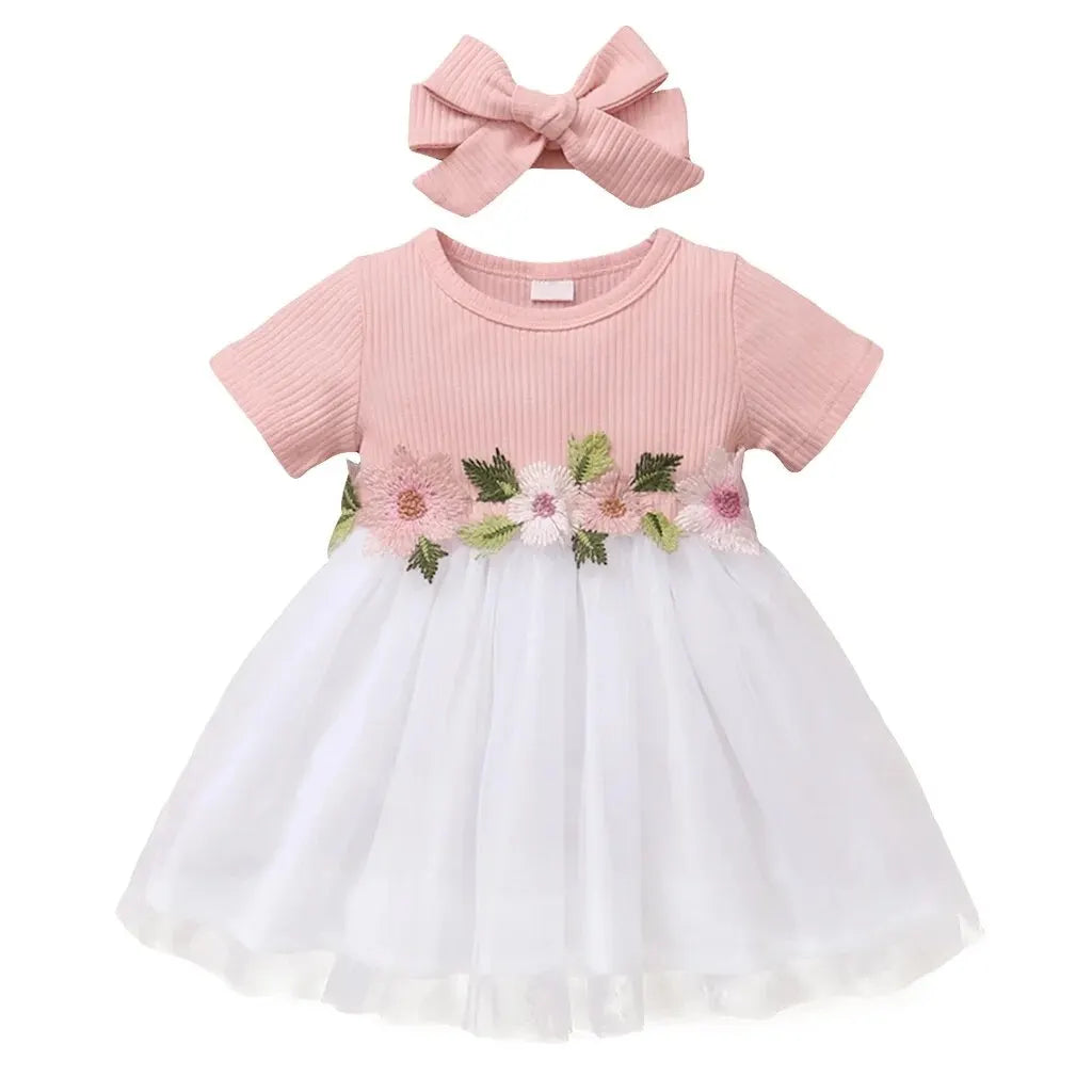 Baby Girl Dress Ribbed Embroidered Flower Short Sleeve Chiffon Dress+Headband 2Pcs/Set  for Baby Girls 0-3 Years Cute Baby Girl