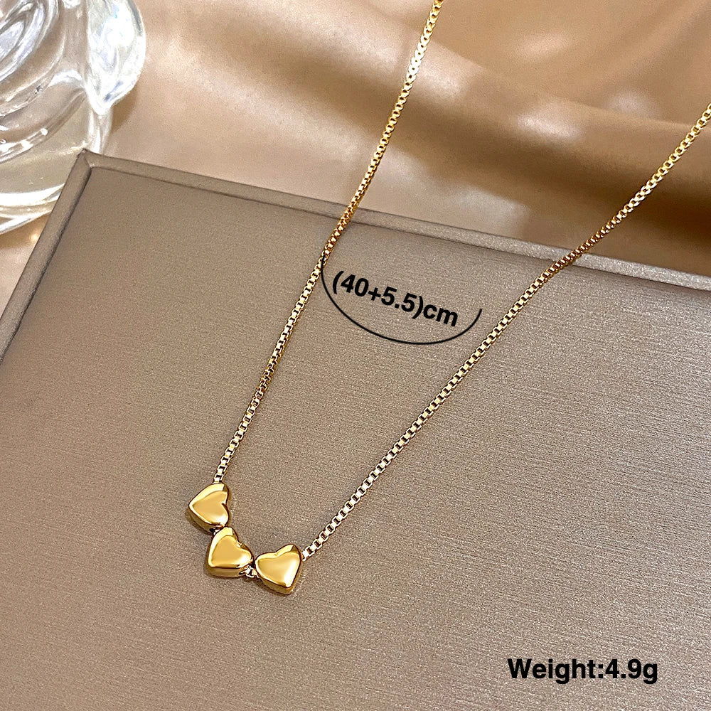 Cute Triple Color Heart Beads Necklace for Women Fashion Gold Plated Stainless Steel Charm Necklaces Waterproof Jewelry
