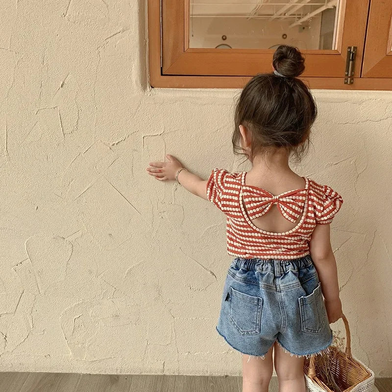 Summer New Korean Style Baby Girls Striped T-shirts Bowknot Backless Puff Sleeve Tops Toddlers Kids Tees