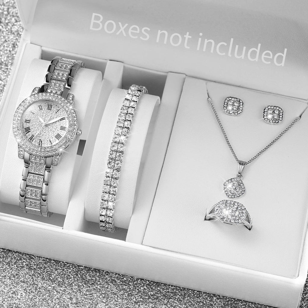 6PCS Fashion Full Diamond Women's Watch Gold Steel Band Analog Quartz Watches Jewelry Set（Without Box）