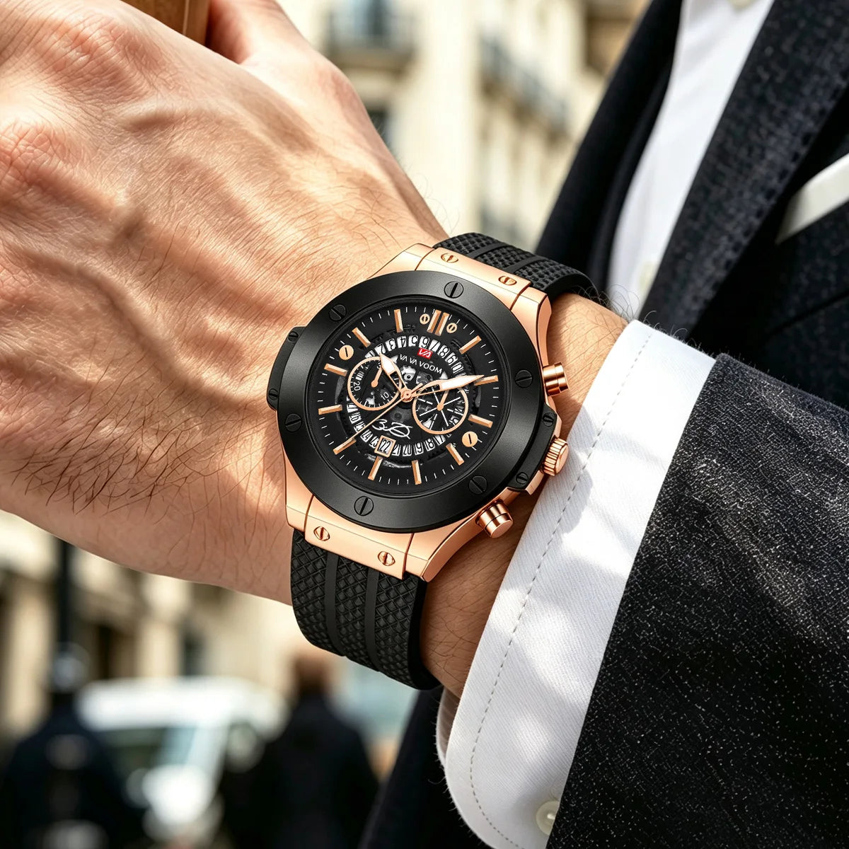 Black Silicone Mens Hand 46mm Hollowed Out Large Dial Rose Gold Fashionable Military Style Original Quartz Movement Sports Watch