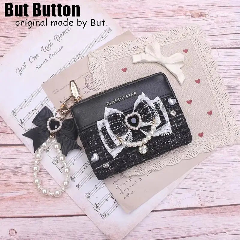 Kawaii Sweet Japanese Lolita Bow Wallet JK Harajuku Y2K Lace Rhinestone Short Wallet Mini Purse Card Holder Women Girls Gift