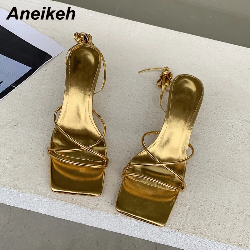 Aneikeh 2025 Fashion Patent Leather Sandals Thin Low Heel Cross-tied Lace Up Rome Summer Gladiator Women Narrow Band Party Shoes