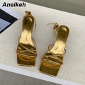 Aneikeh 2025 Fashion Patent Leather Sandals Thin Low Heel Cross-tied Lace Up Rome Summer Gladiator Women Narrow Band Party Shoes