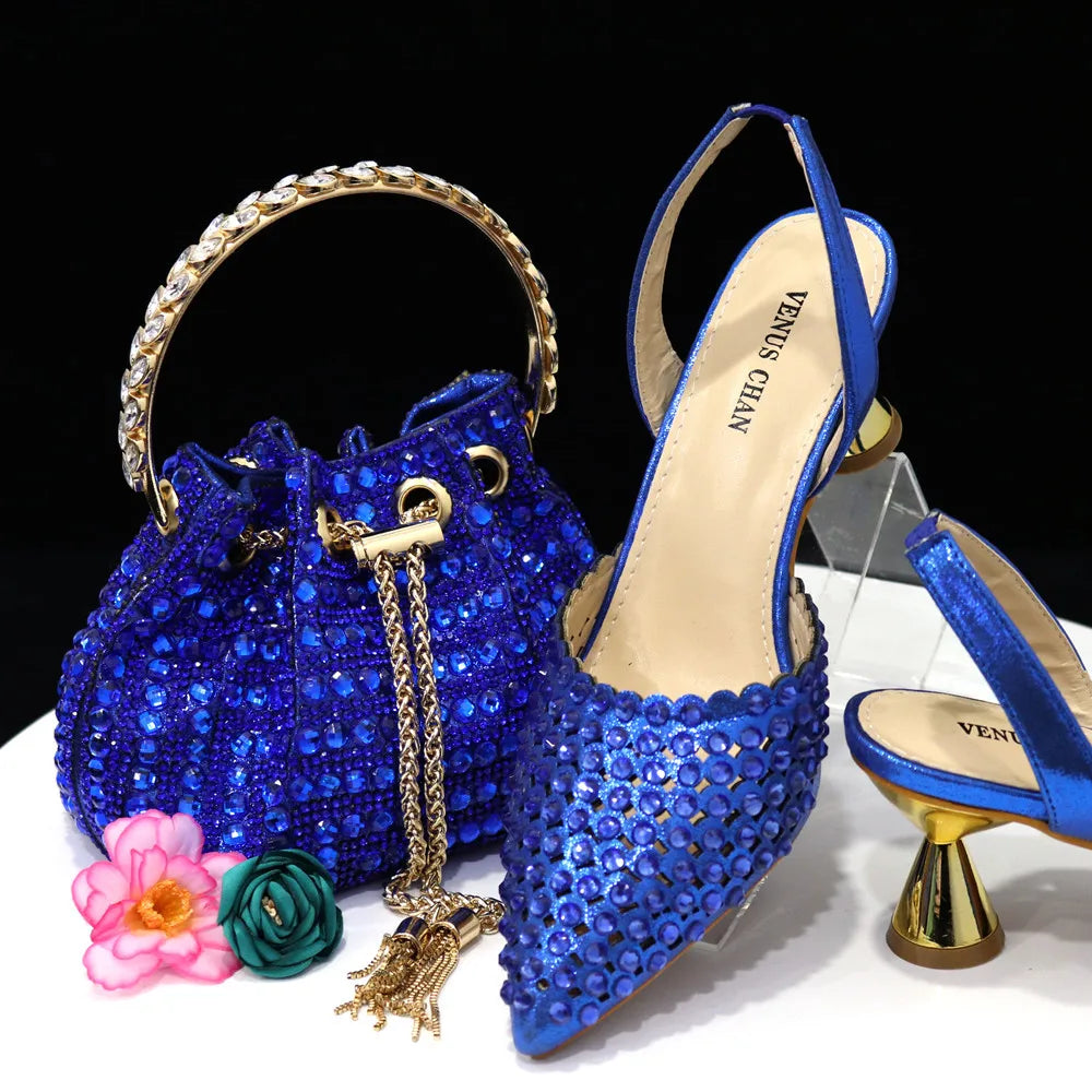 Venus Chan 2023 New INS High-Heeled Pointed Toe Wedding Shoes Colorful Full Diamond Design Shoe and Bag Set for Nigeria Party