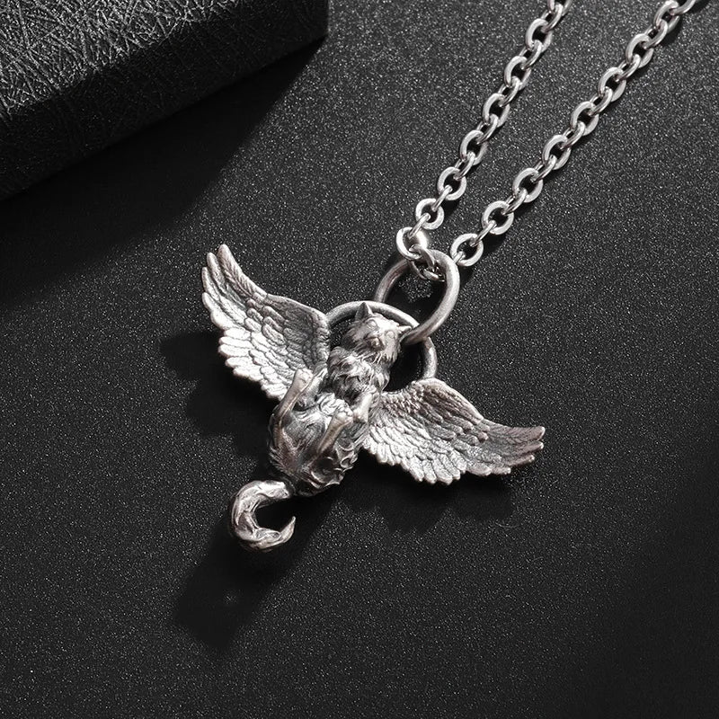 Classic Retro Silver Plated Cute Pet Wing Cat Pendant Necklace for Men Women Fashion Personalized Clavicle Chain Jewelry Gifts