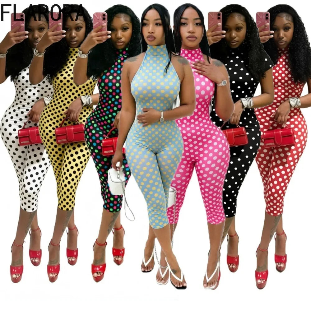 FLARORA Sexy Polka Dot Print Jumpsuit Woman Trend Halter Bandage Backless Sleeveless Peach Hip Skinny Elasticity Street Overalls