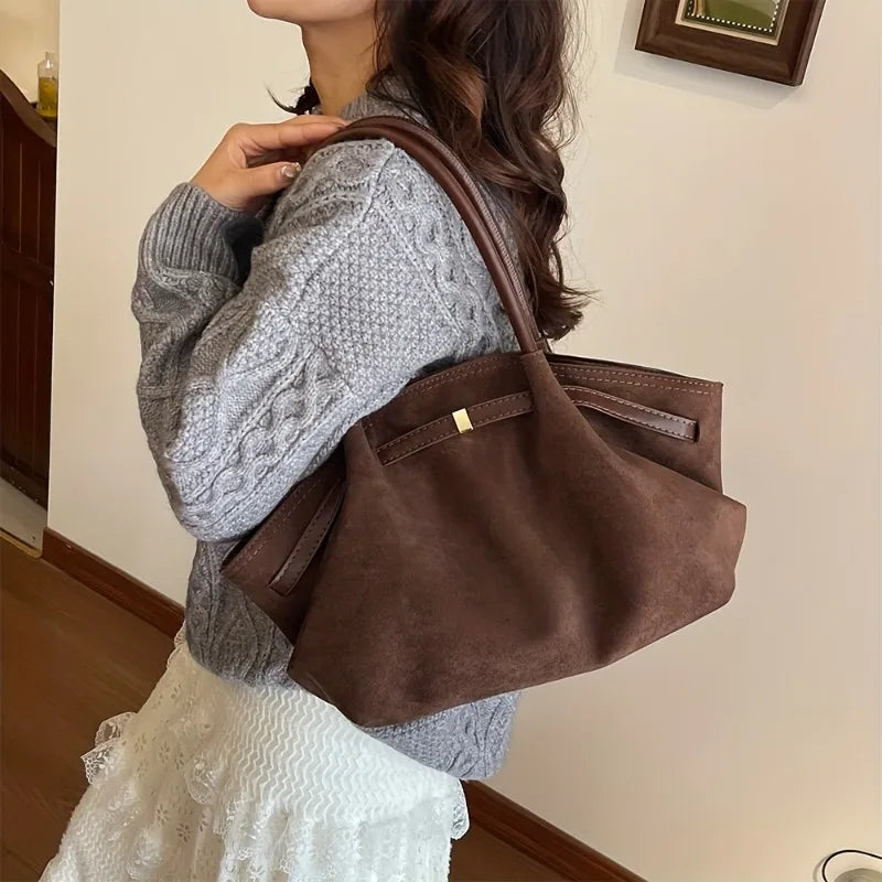 Vintage Suede Shoulder Bag for Women, Minimalist Large Capacity Tote Bag, Elegant Retro Shoulder Purse for Daily Dating Travel