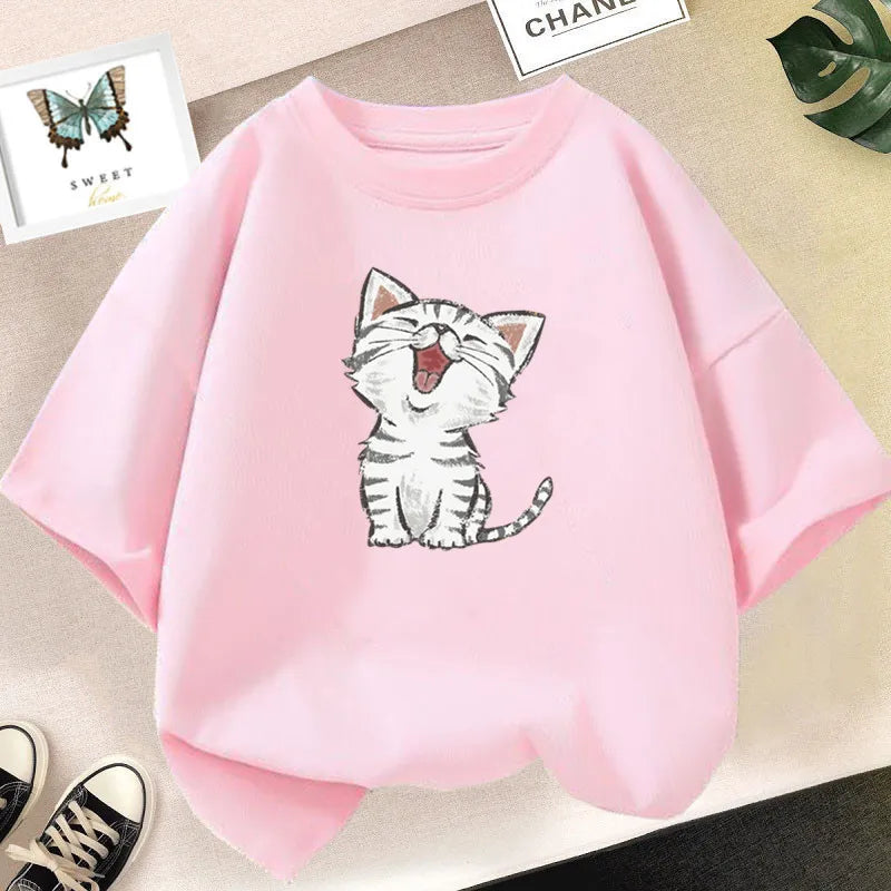 Girls Clothes 2024 Summer Fashion T-Shirt Fun And Cute Cat Kitten Print Short-Sleeved Tops Children Summer Clothes
