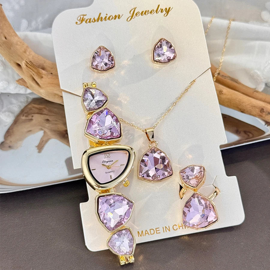 Luxury Ladies Quartz Watch  Colorful Diamond Irregular Shape Necklace Ring Earrings Jewelry Set Four-Piece Gift Set Trendsetter