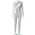 Fashion Women's Sexy Hollow Jumpsuit 2026 Spring Ruched Irregular Hipster Club Stripes Print Full Sleeve Midnight Party Overalls