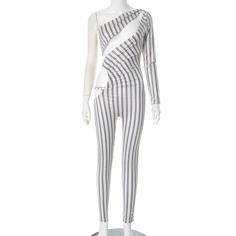 Fashion Women's Sexy Hollow Jumpsuit 2026 Spring Ruched Irregular Hipster Club Stripes Print Full Sleeve Midnight Party Overalls