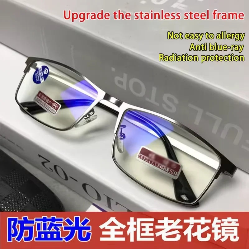 Stainless Steel Men Business Reading Glasses for Reader Mens Blue Light Blocking Presbyopia Optical Eyeglasses +1.0 1.5 2.0 2.50