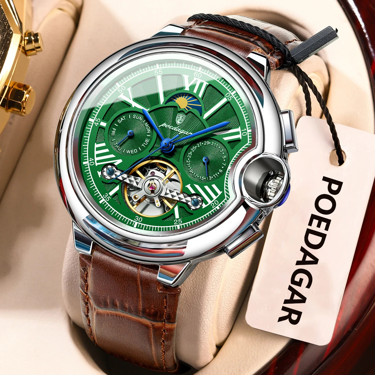 POEDAGAR Luxury Business Male Watch Date Week Stainless Steel Tourbillon Men Clock Waterproof Automatic Mechanical Men's Watches
